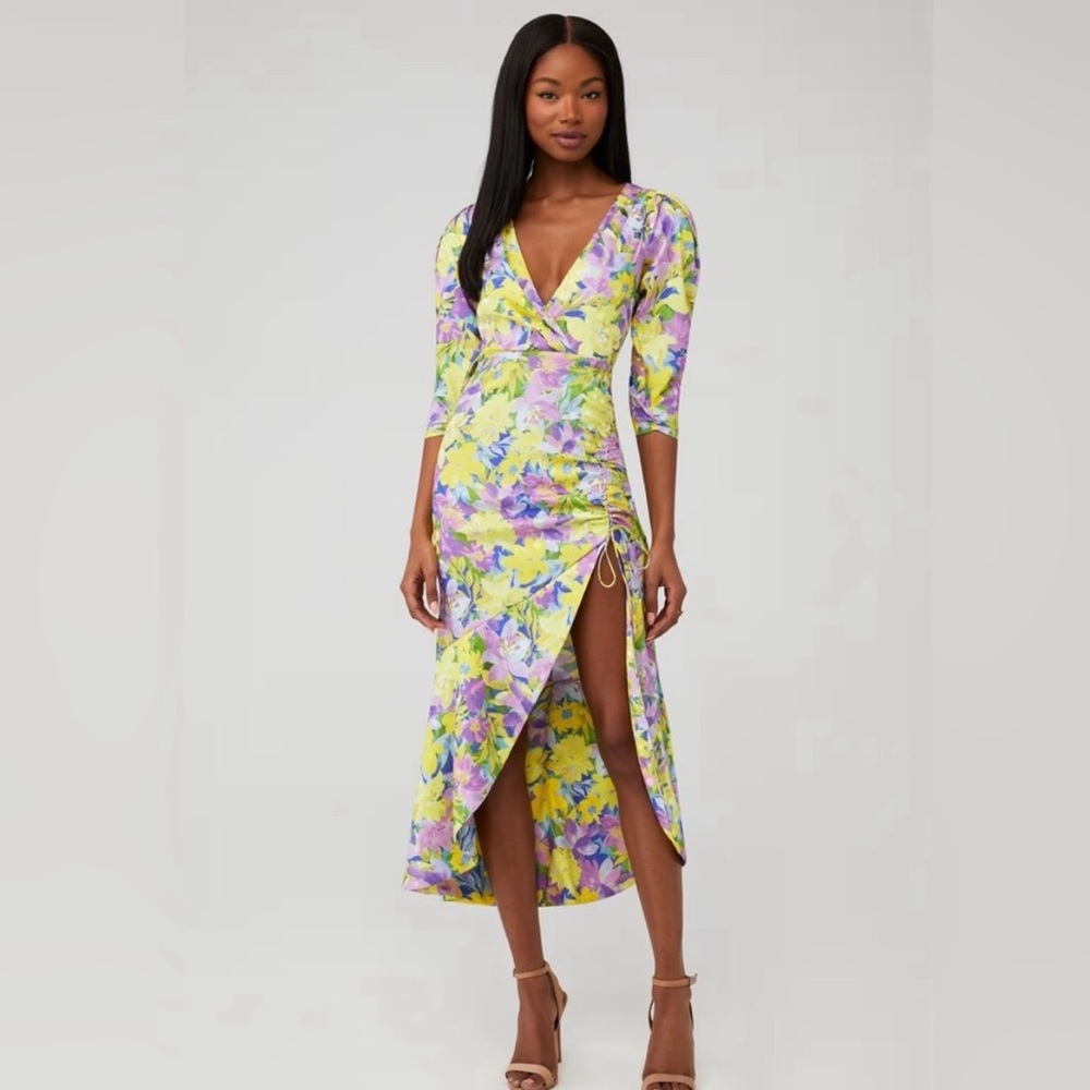 NWT For Love & Lemons Floral V-Neck Dress in Yellow and Purple Cassia Mid